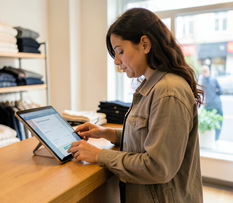 A shop owner checking her site on a tablet